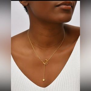 1pc Fashionable Stainless Steel Moon & Star Charm Y Lariat Necklace For Women